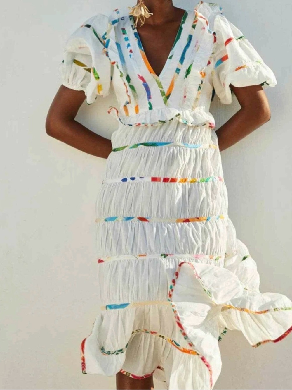 FARM Rio White Tiered Cotton Dress with Multicolor Ribbon Detail | S - Picture 3 of 9
